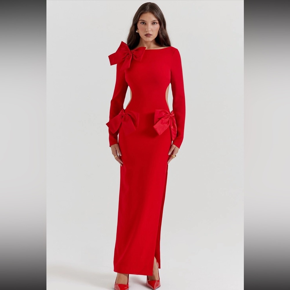 House of CB Red Long Sleeve Dress with Bow Accents